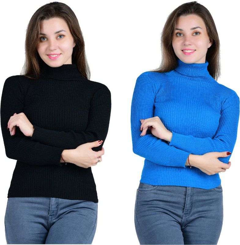 Women Striped High Neck Multicolor Sweater