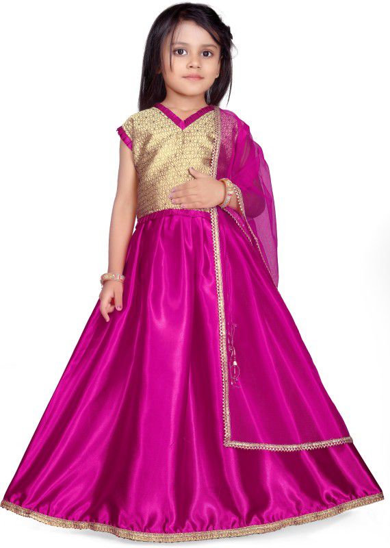 Indi Girls Lehenga Choli Western Wear Embroidered Lehenga, Choli and Dupatta Set  (Pink, Pack of 1)