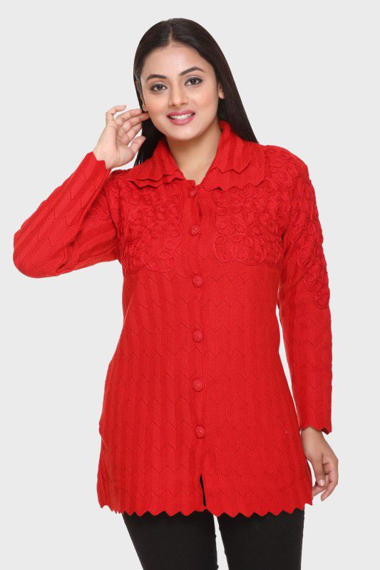 Women Embroidered Collared Neck Red Sweater