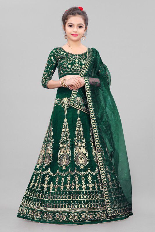 Girls Lehenga Choli Ethnic Wear Embellished Lehenga, Choli and Dupatta Set  (Green, Pack of 1)