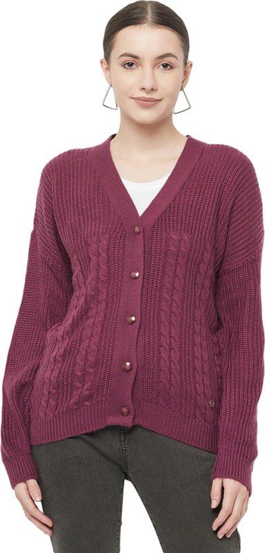 Women Solid V Neck Purple Sweater