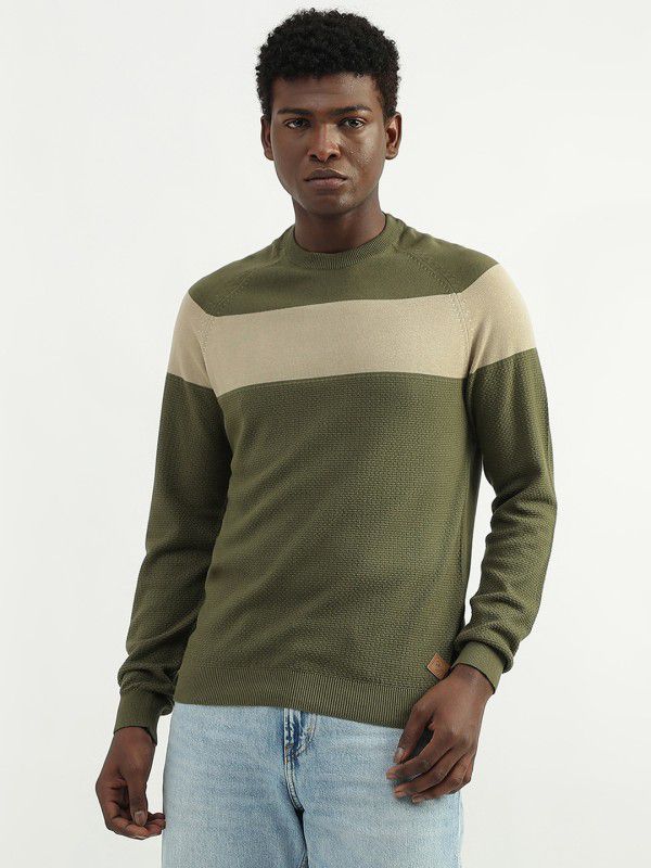 Men Colorblock Round Neck Green, Beige Sweater