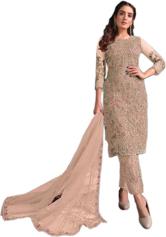 Semi Stitched Net/Lace Suit Fabric Embroidered