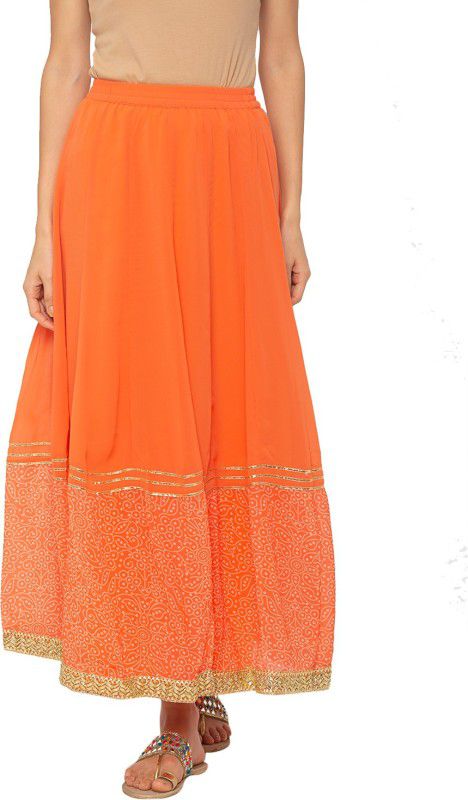 Women Printed Flared Orange Skirt