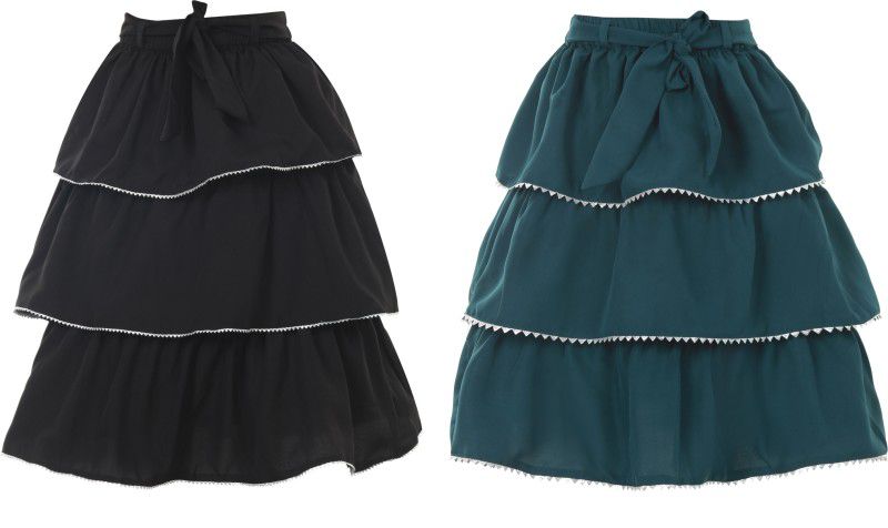 Girls Printed Layered Black, Green Skirt