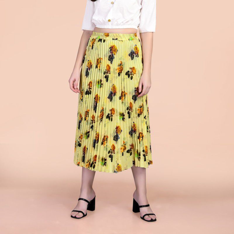 Women Floral Print Pleated Yellow Skirt
