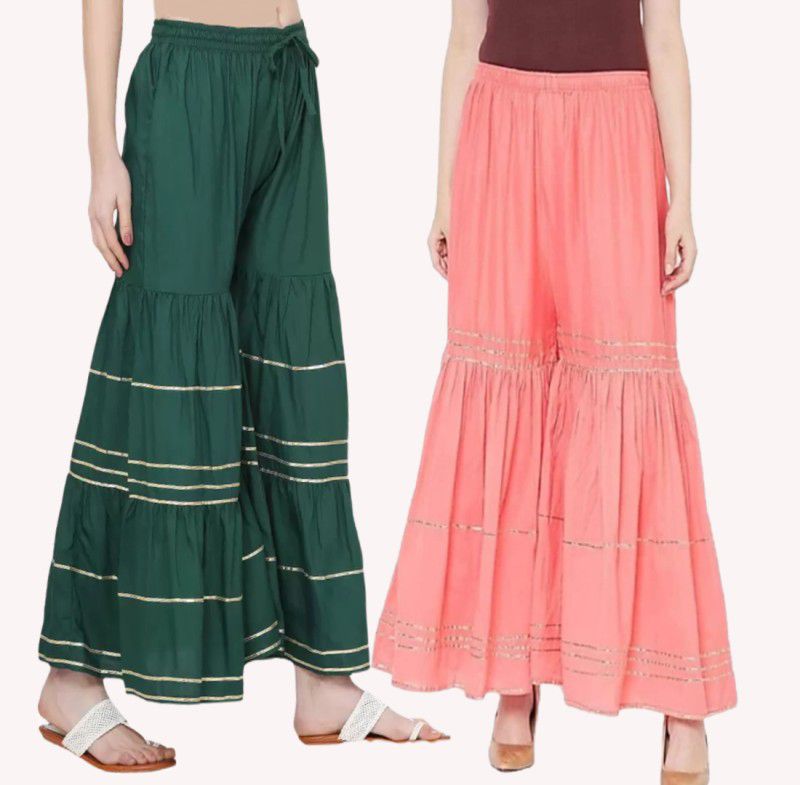 Pack of 2 Women Relaxed Dark Green, Pink Viscose Rayon Trousers