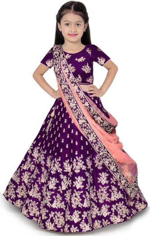 Girls Lehenga Choli Ethnic Wear, Party Wear Embroidered Lehenga, Choli and Dupatta Set  (Purple, Pack of 1)