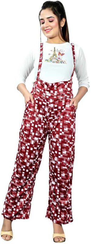 Dungaree For Girls Casual Geometric Print Polycotton  (Maroon, Pack of 1)