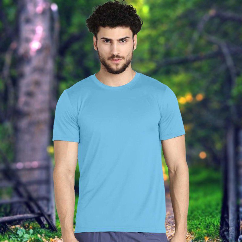 London Hills Men's Polyester Round Neck Sky Blue Solid T-Shirt