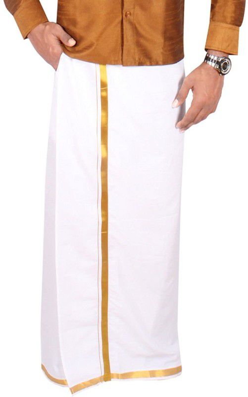 SKPN EMPORIUM Men's White Cotton / Jari Border Velcro Pocket Dhoti Size 40 Inches Striped Men Dhoti