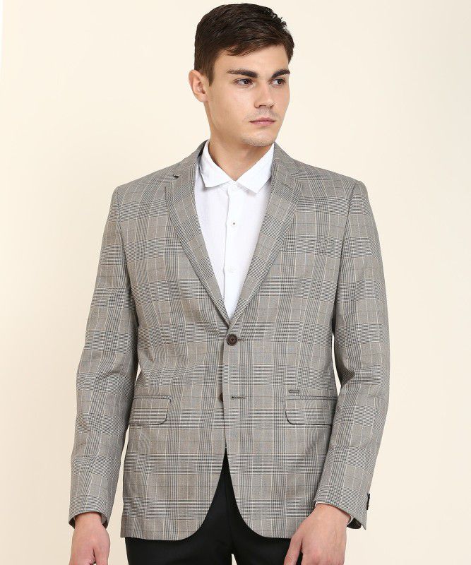 Men Checkered Single Breasted Casual Blazer  (Beige, Grey)