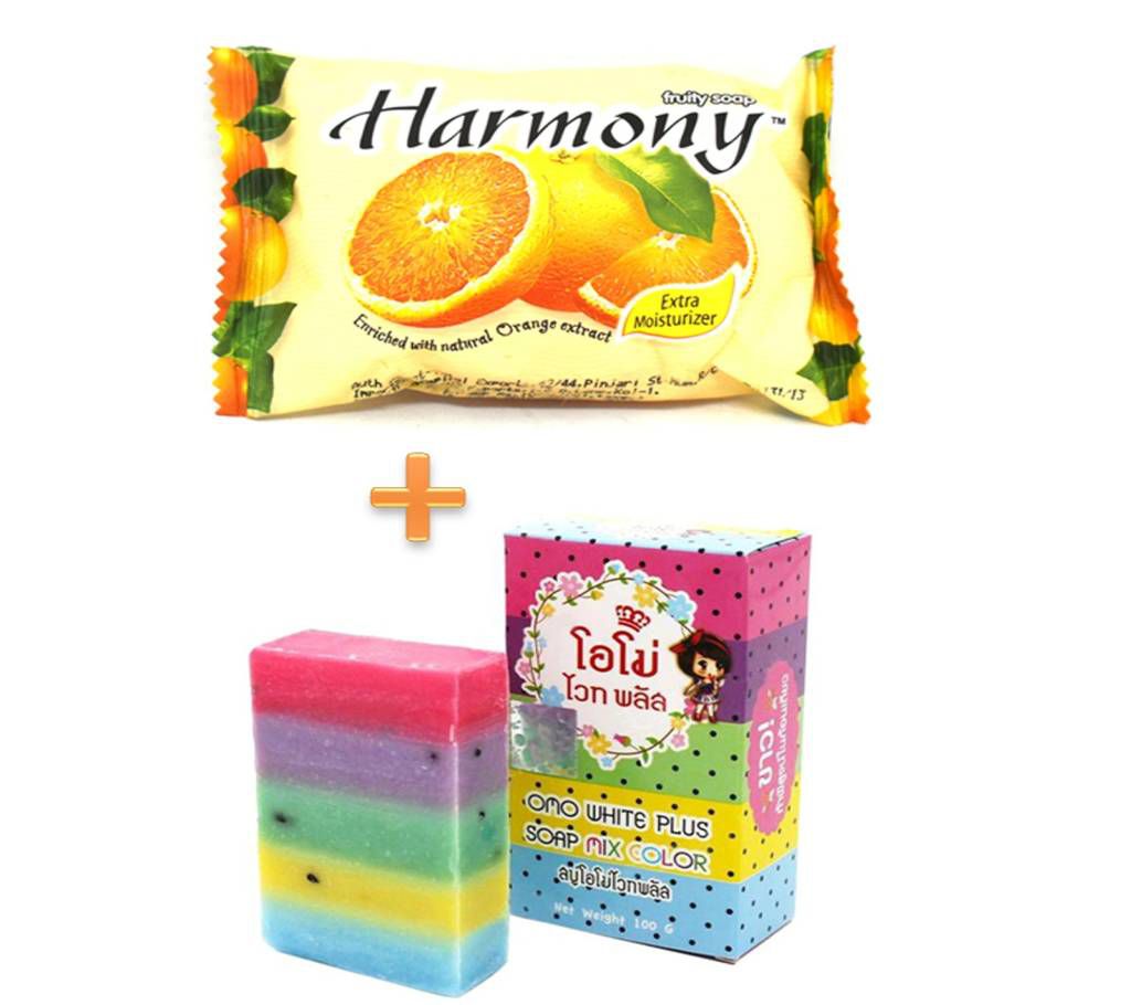 Combo of 2 Soap OMO White Plus Soap & HARMONY Natural Fruity Soap 75g - Malaysia