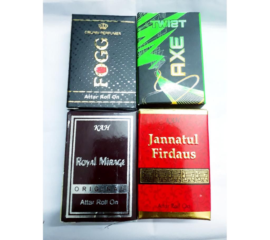 4 pieces Concentrated Perfume (Attor) combo (Royal Mirage, Jannatual Firdaous, Axe twist, Fogg)