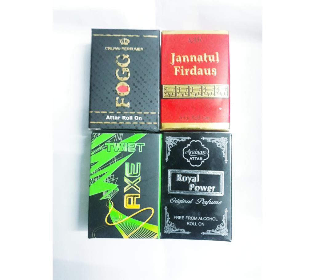 4 pieces Concentrated Perfume (Attor)combo (Royal Power, Jannatual Firdaous, Axe twist, Fogg)