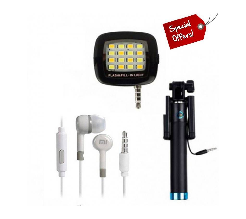 Combo offer Selfie flash light+ Selfie Stick + MI earphone (replica)