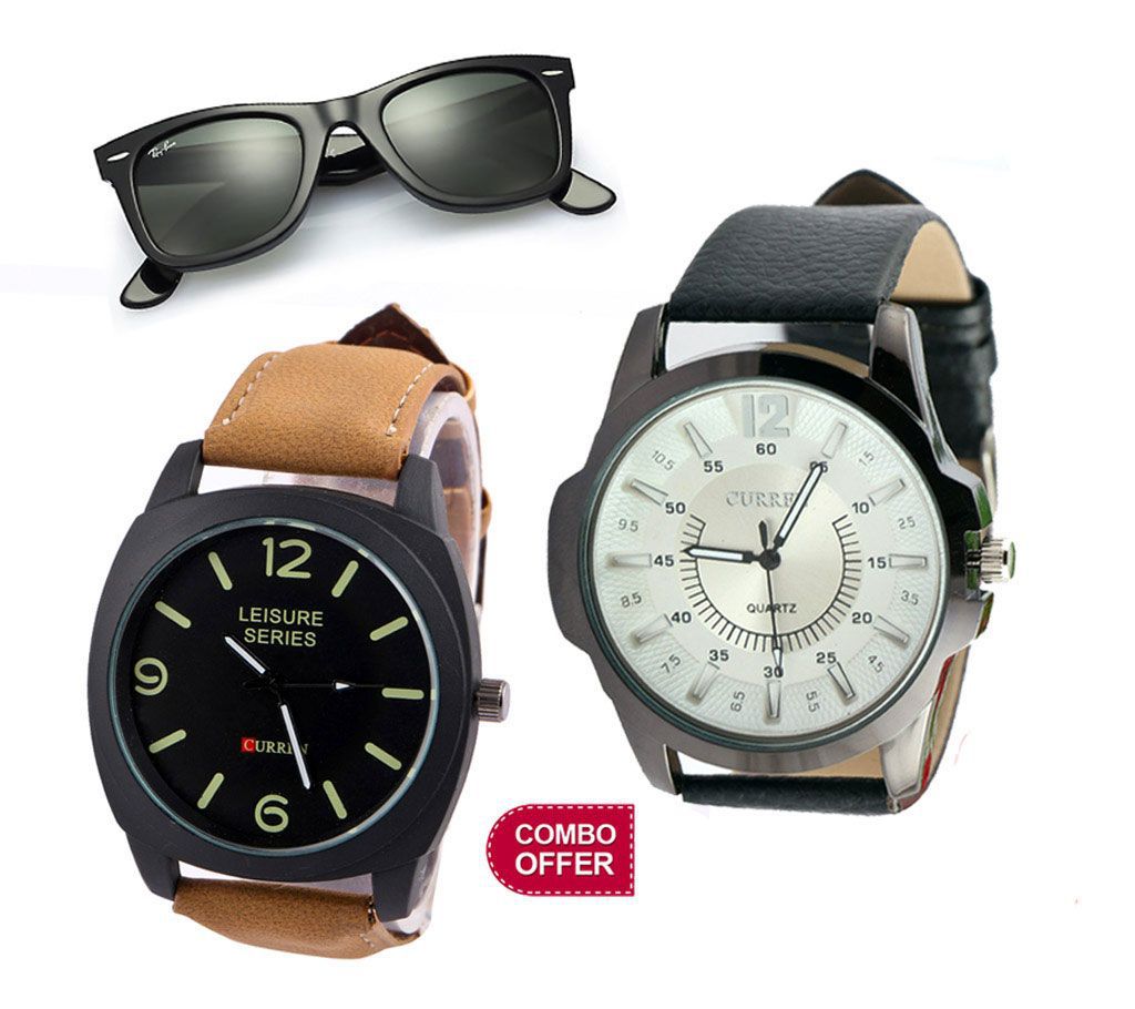 3 Combo Offer Curren 2 Watch with Ray Ban Sunglass 
