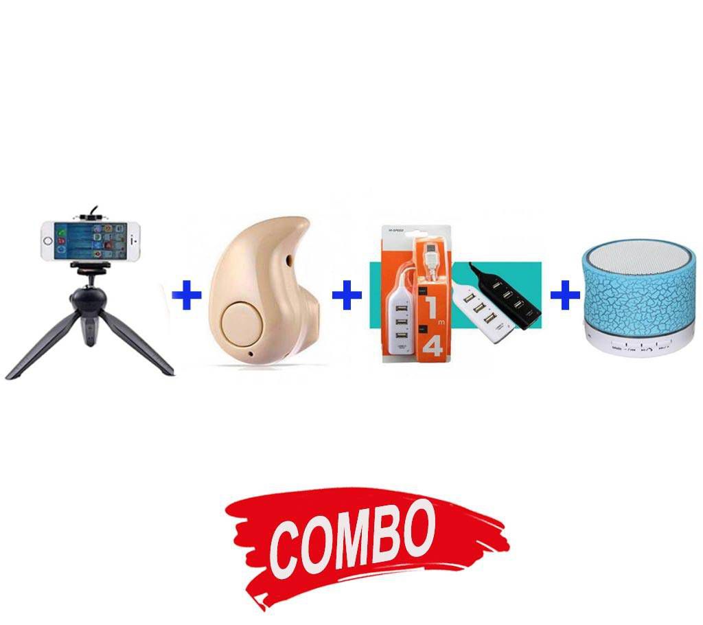 A9 Mini Wireless Bluetooth Speaker - White & Blue + WIRELESS BLUETOOTH EARPHONE +  Yunteng 228 Mini Tripod with Phone Holder Clip for Smartphone - Black+ 4 PORT HUB WITH SWITCH Combo Offer 
