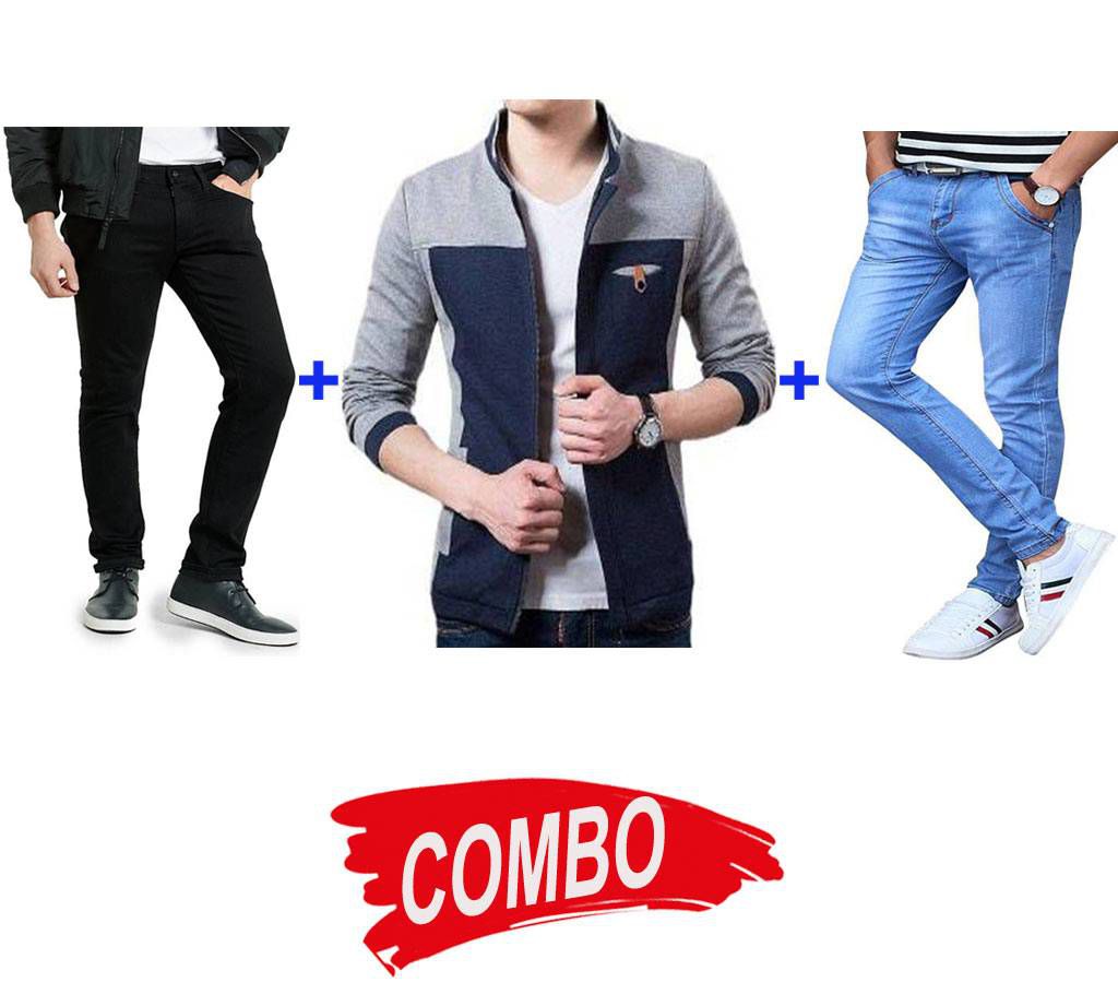 gents regular fit cotton jacket+Menz Jeans Pants+Semi Narrow Jeans pant for Men Combo 