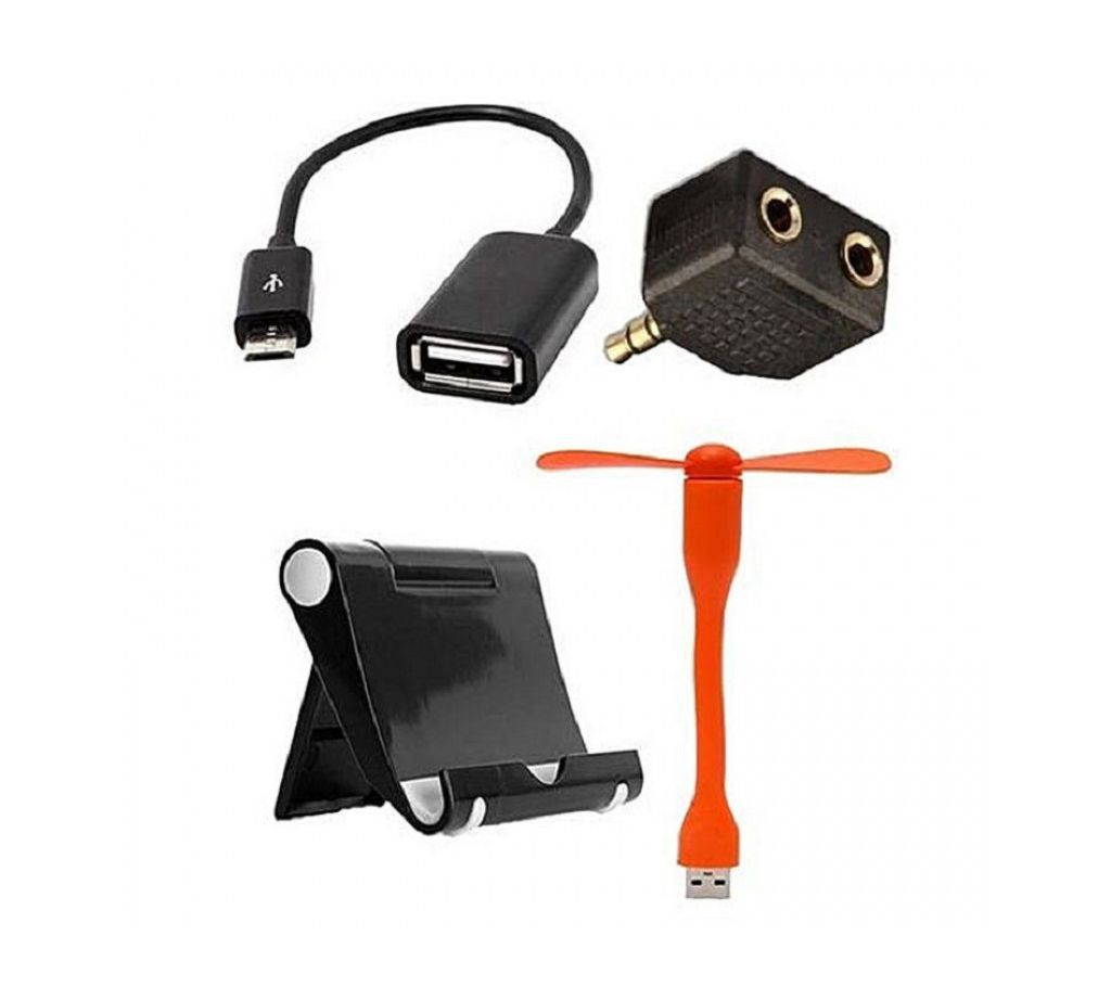 Combo Of Multi Mobile Stand, Headphone Jack, Micro USB OTG Cable & USB Fan