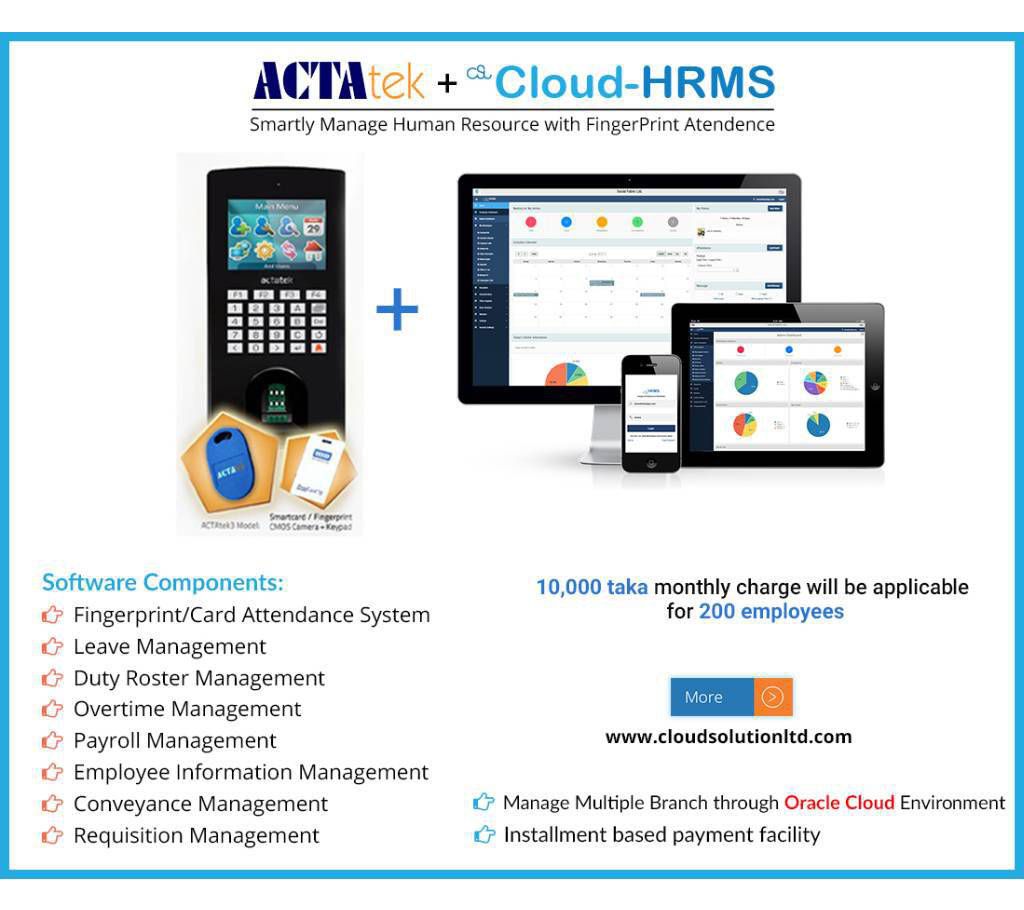 Cloud-HRMS with Fingerprint (200 emp) Software 