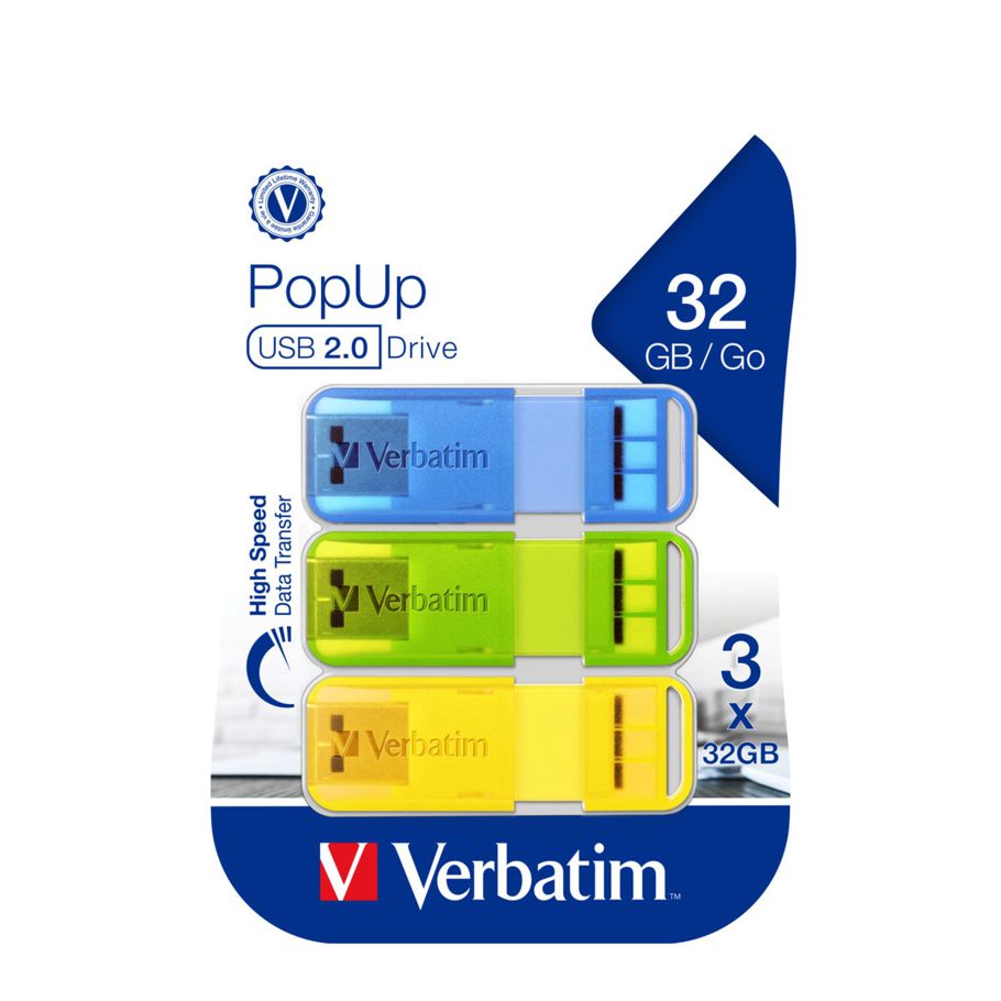 3 Pack Verbatim Pop Up 32GB USB 2.0 Drive - Brights