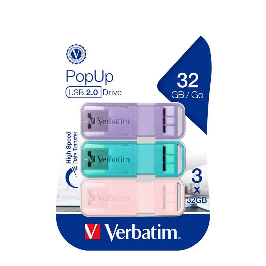 3 Pack Verbatim Pop Up 32GB USB 2.0 Drive - Pastels