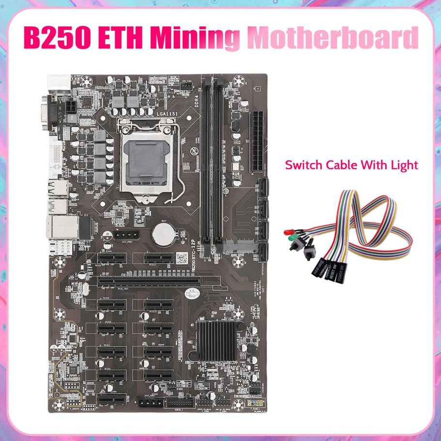 B250B ETH Mining Motherboard+1XDual Switch Cable with Light LGA1151 DDR4 12XGraphics Card Slot MSATA SATA for BTC Miner