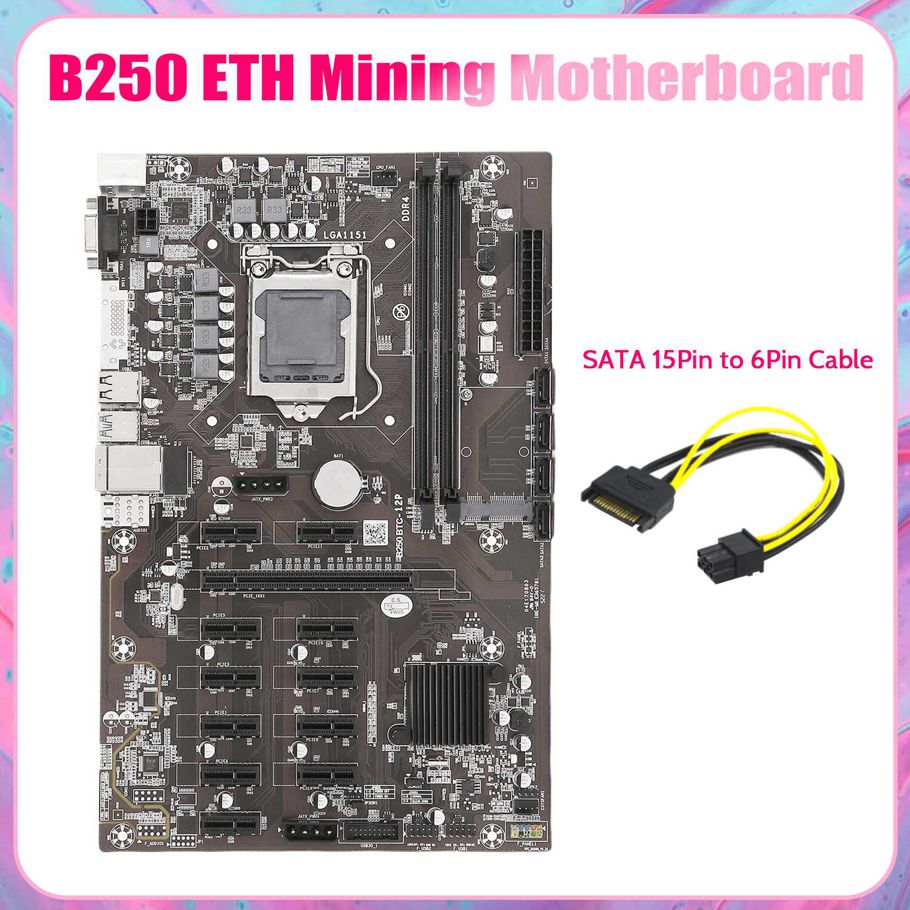 B250B ETH Mining Motherboard+SATA 15Pin to 6Pin Cable LGA1151 DDR4 12XGraphics Card Slot MSATA SATA for BTC Miner Mining