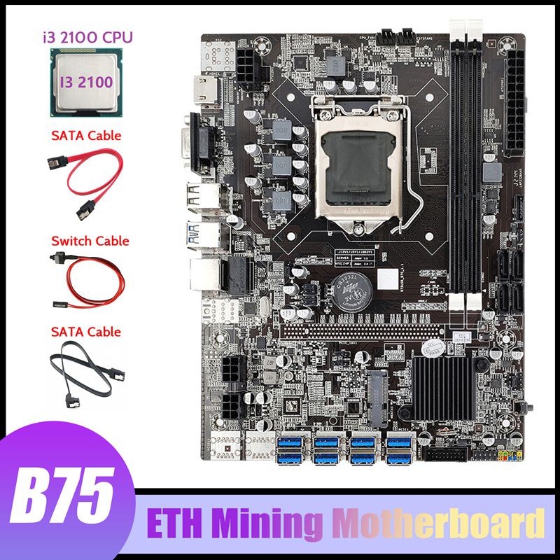 B75 Motherboard 8XPCIE To USB+I3 2100 CPU+2XSATA Cable+Switch Cable