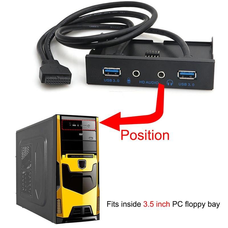 3.5'' 2 USB3.0 A Hub + HD Audio to 20Pin Header Floppy Front Drive Panel