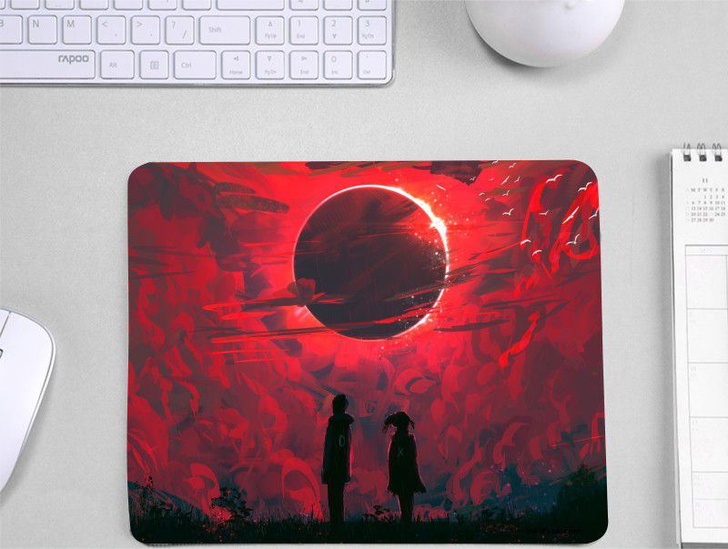 InkWynk Watching Moon Graphic Design Medium Size Office Mousepad  (Red)