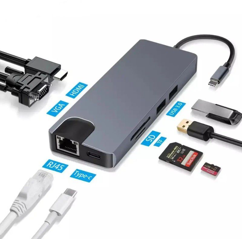 microware USB C Dock Hub 8 In 1 Hub Multiport Adapter Type C 3.1 Type-C To 1000mbps RJ45 Lan 4K HDMI VGA USB 3.0 SD/TF Card Reader Adapter Laptop Accessory  (Black)