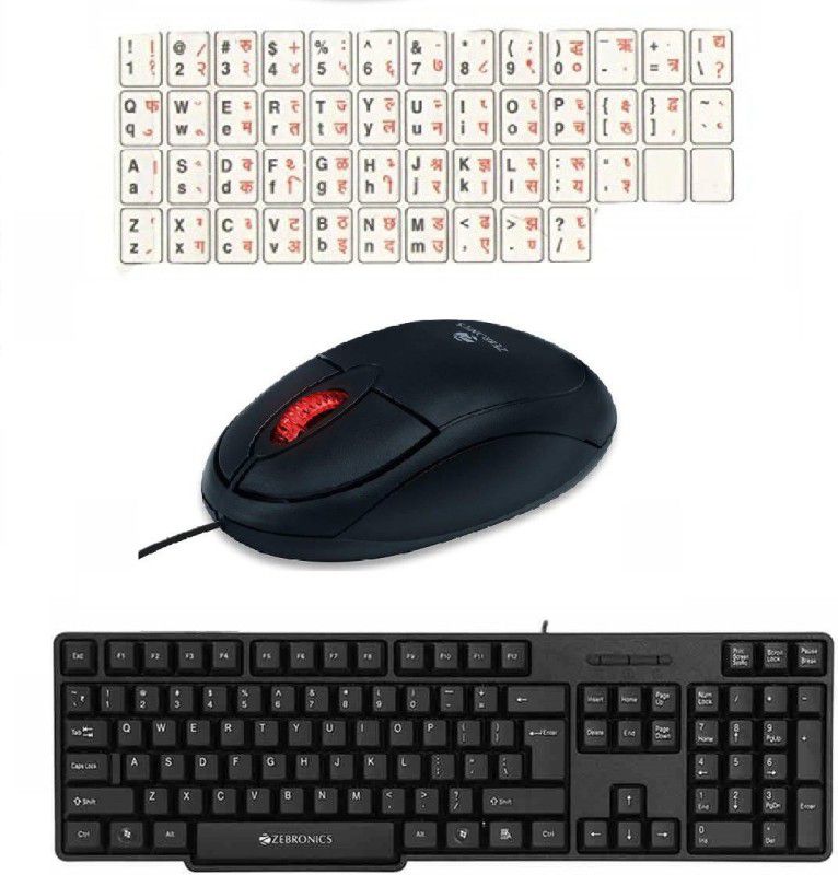 ZEBRONICS zeb k20 and rise wired uv cotted usb keyboard mouse with hindi font sticker Combo Set  (Black)