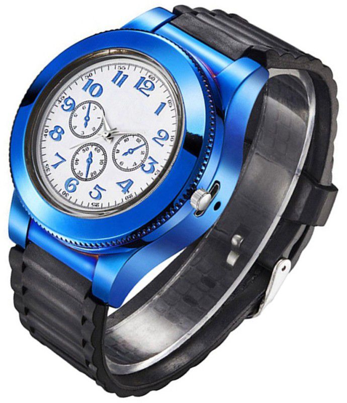 Exquisite Flame-less Windproof Analog Display Round Dial Men's Wrist Watch Cigarette Cigar Lighter Blue usb watchY Cigarette Lighter  (Blue, Black)