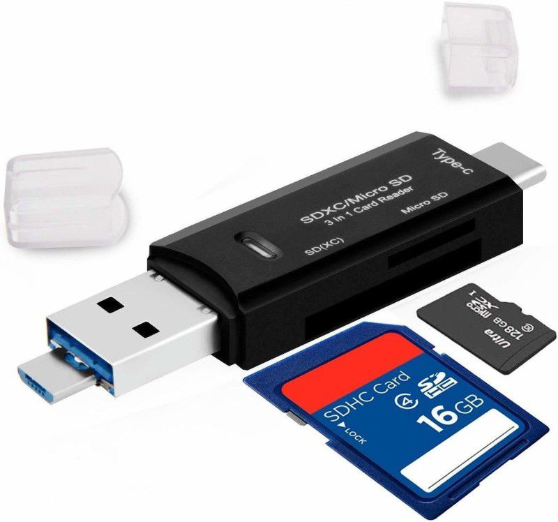 HundoP club SD Card Reader, 3-in-1 USB 3.0/USB C/Micro USB Card Reader - SD, Micro SD, SDXC, SDHC, Micro SDHC, Micro SDXC Memory Card Reader for MacBook PC Tablets Smartphones with OTG Function Card Reader  (Black)