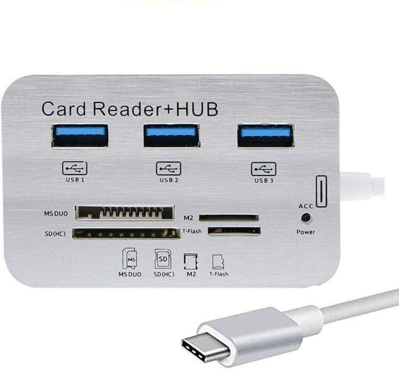 ELECTRO WOLF USB 3.1 Type C to 7 in 1 USB 3.0 hub Combo Card Reader Hub Supports MS Duo SD T-Fash M2 Memory Cards and 3 USB 3.0 Port Card Reader, USB Hub  (Silver)