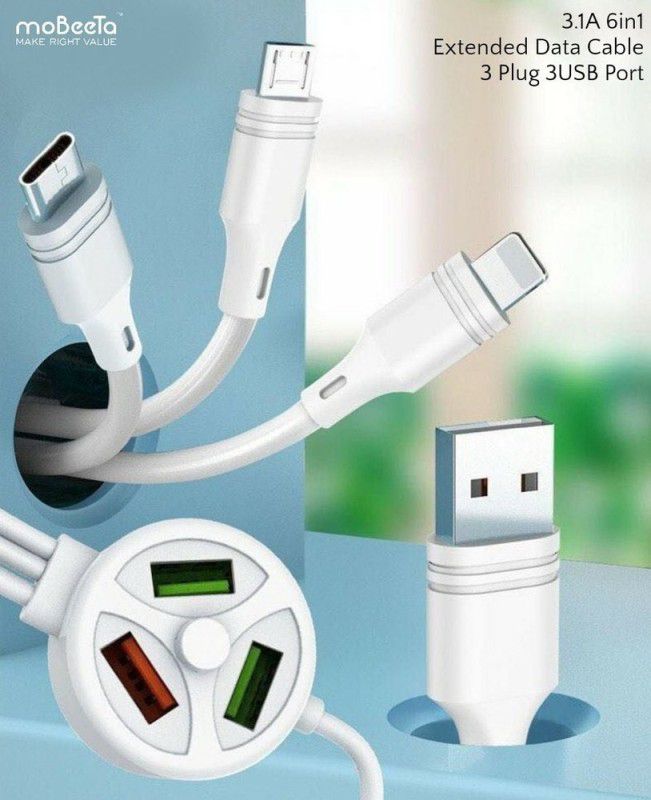 VibeX Power Sharing Cable 1.2 m 8 iN1 Extended Fast Charging USB Cable 3 pin for iPhone-IX13  (Compatible with All Smartphones, Tablets, MP3 player, White, One Cable)