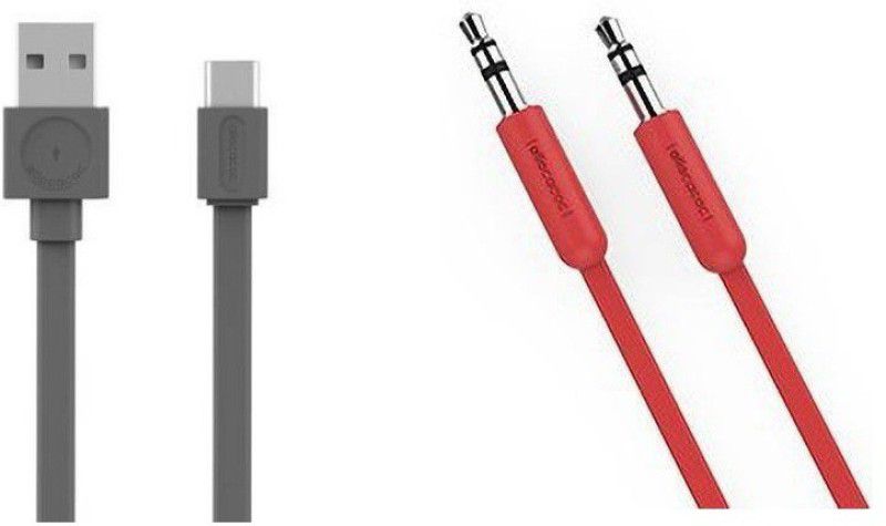 Allocacoc AUX Cable 1.5 m Type C + Aux Combo  (Compatible with Mobile, Tablet, BT Speaker, Red, Grey, Pack of: 2)