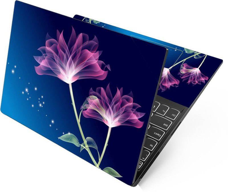FineArts HD Printed Full Panel Laptop Skin Sticker Vinyl Fits Size Upto 15.6 inches No Residue, Bubble Free - Pink Flower on Blue Self Adhesive Vinyl Laptop Decal 15.6