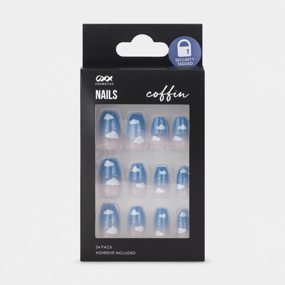 OXX Cosmetics 24 Pack False Nails with Adhesive - Coffin Shape, Cloudy Skies