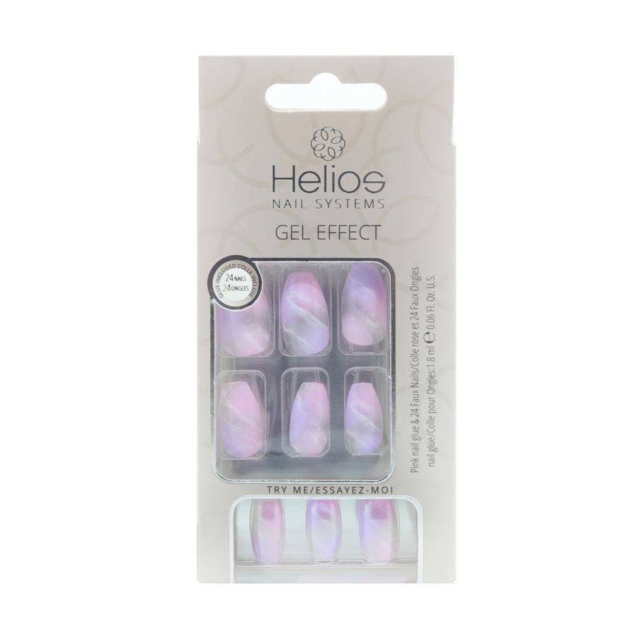 Helios Nail Systems 24 Piece Gel Effect Faux Nails & Pink Nail Glue - Pink Marble