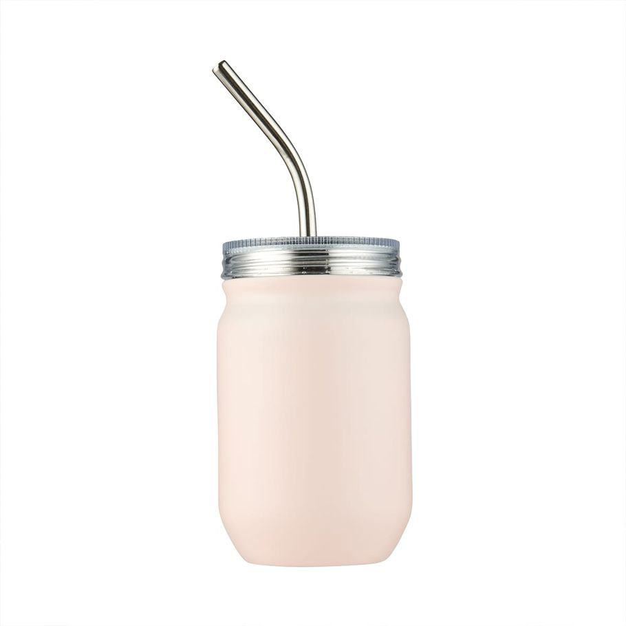 420ml Soft Pink Double Wall Cup with Straw