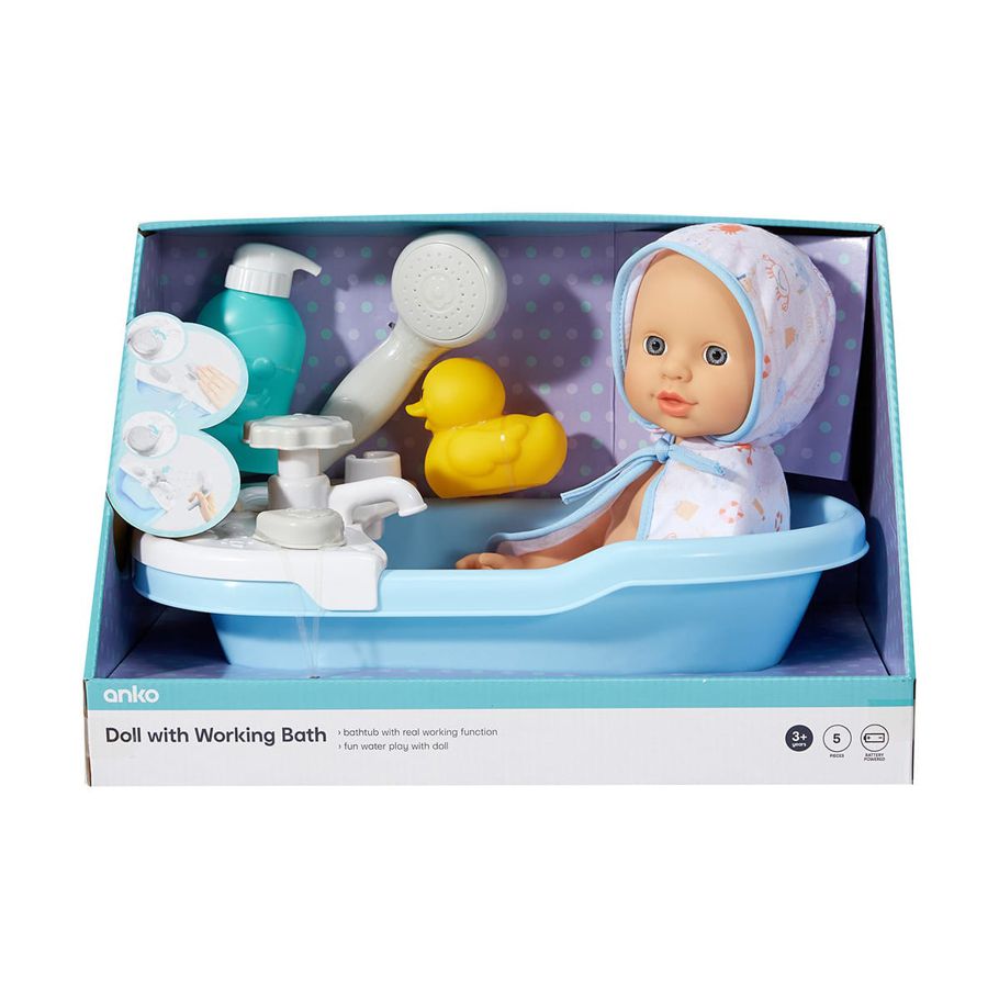 5 Piece Doll with Working Bath Set