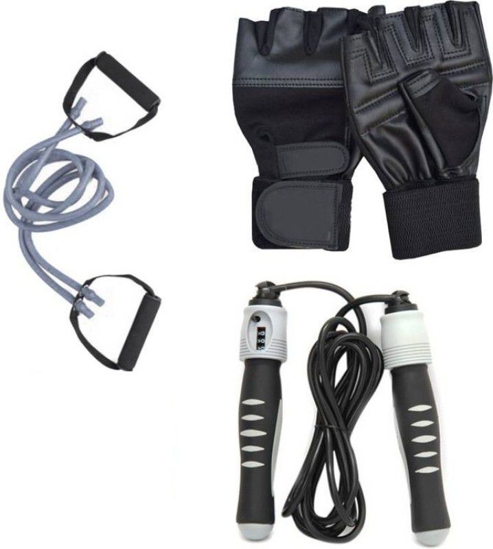 Fitness Solutions ack of 3, Double Toning Tube, Weight lifting gloves & Solid Skipping Rope. Fitness Accessory Kit Kit