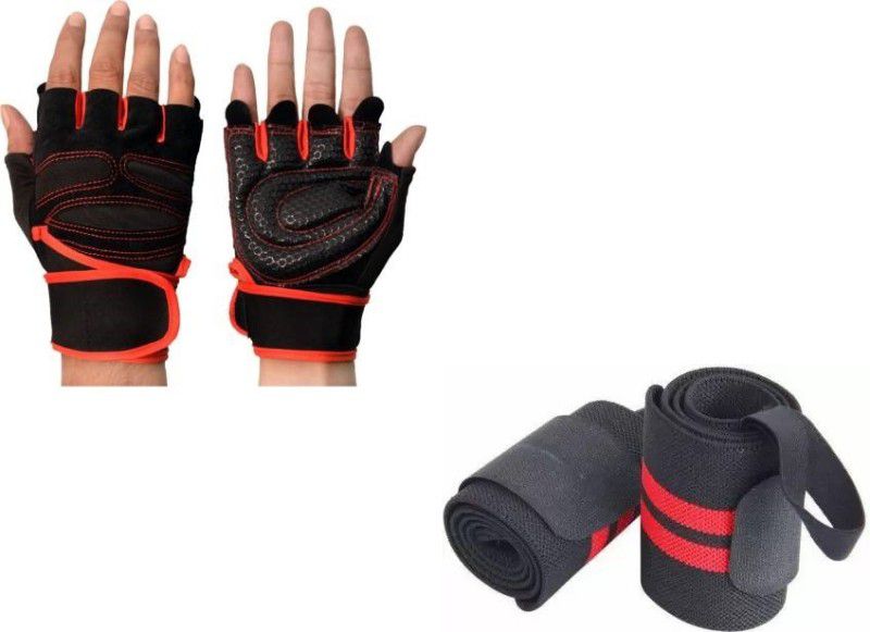 EMMKITZ Fitness Gloves Gym & Fitness Gloves (Black) with Gym Straps Thumb Support Grip Gym & Fitness Gloves  (red black)