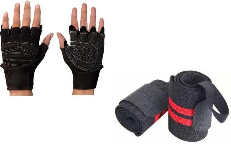 EMMKITZ Fitness Gloves Gym & Fitness Gloves (Black) with Gym Straps Thumb Support Grip Gym & Fitness Gloves  (Red, Black)