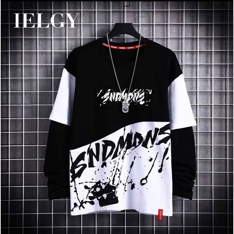 IELGY autumn round neck print top Korean style tide stitching long-sleeved t-shirt clothes loose casual men's clothing