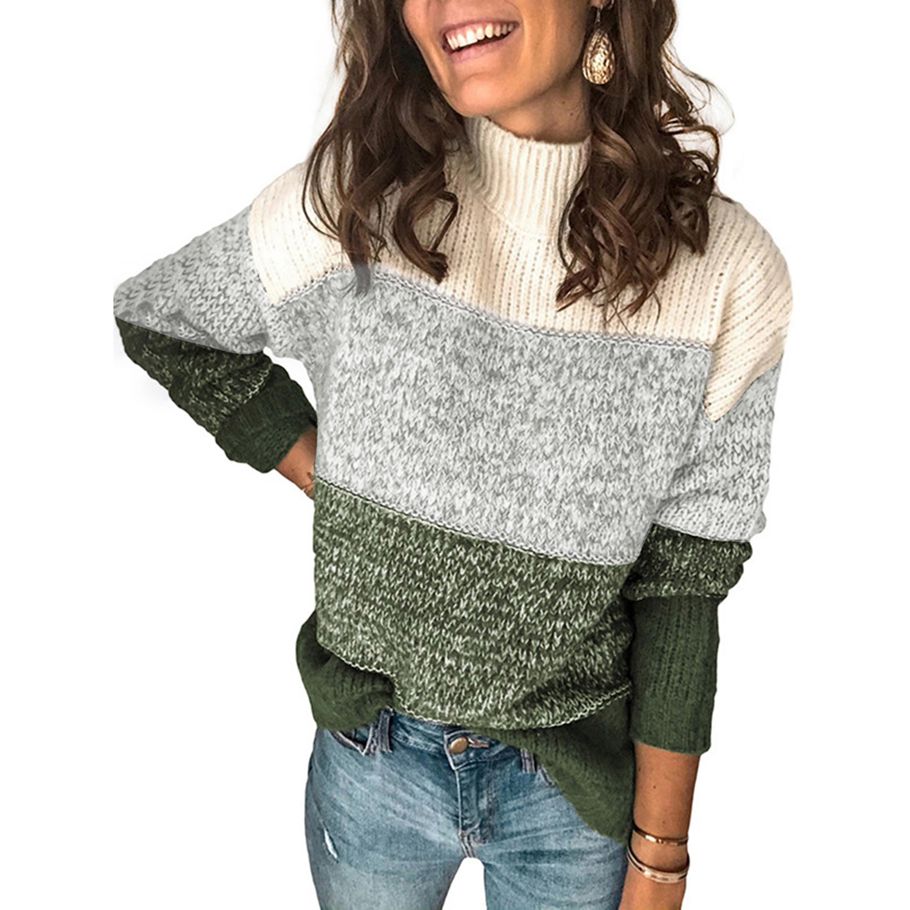 Women Turtleneck Sweater, Casual Long Sleeve Color Block Loose Chunky Knitted Pullover