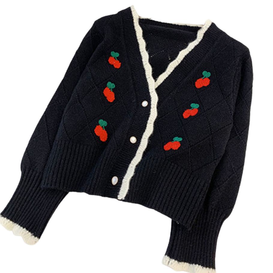 Sweater Cardigan Ribbed Hem Cherry Print Girls Sweater Cardigan